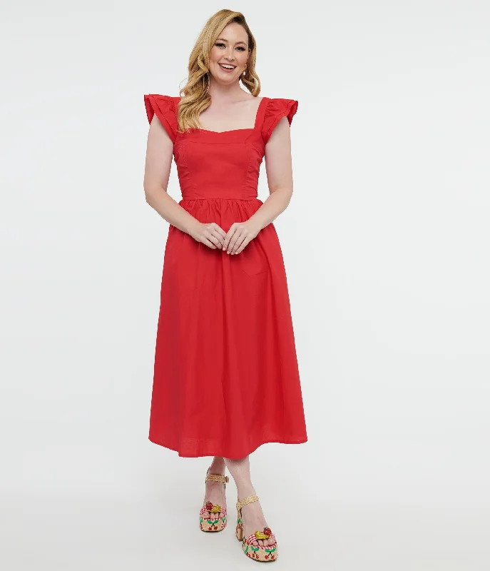 Y2K Red Flutter Sleeve Poplin Midi Dress