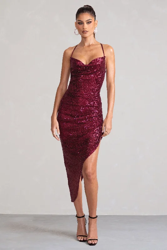 Anya | Berry Sequin Cami Cowl Neck Asymmetric Hem Midi Dress