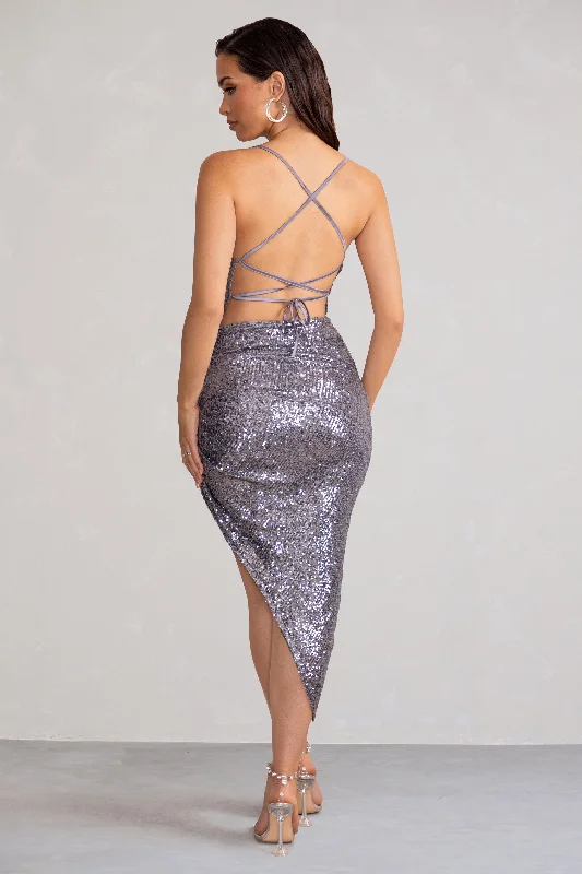 Anya | Gunmetal Sequin Cami Cowl Neck Asymmetric Hem Midi Dress