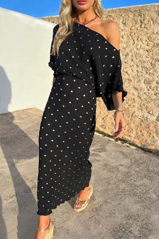 Black Tilly Plisse Dress with Gold Fleck Petite