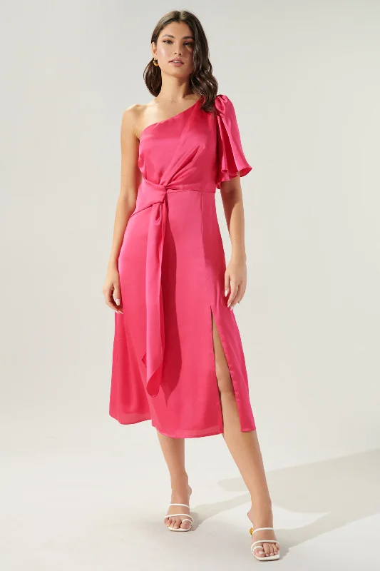 Chateau Satin One Shoulder Twist Front Midi Dress