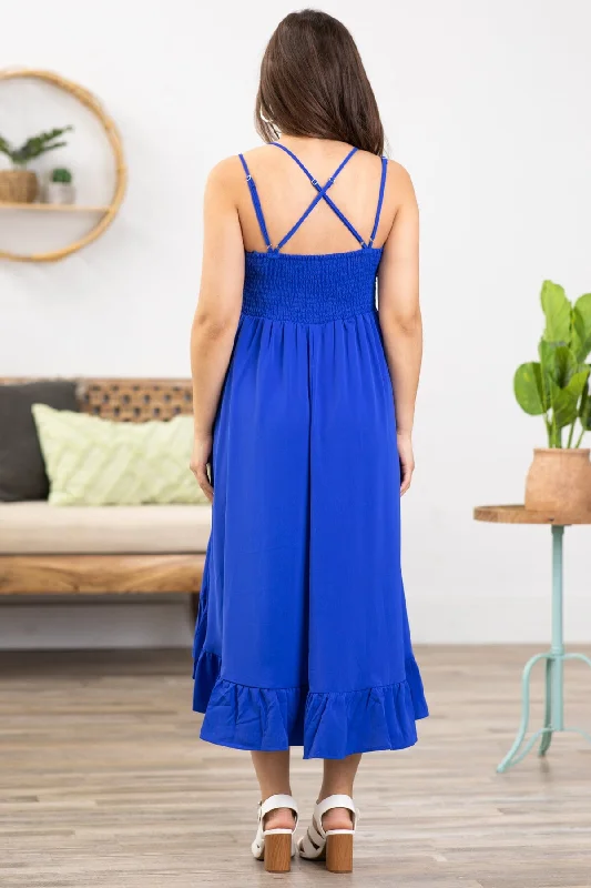 Cobalt Crochet Bodice Hi Lo Midi Dress