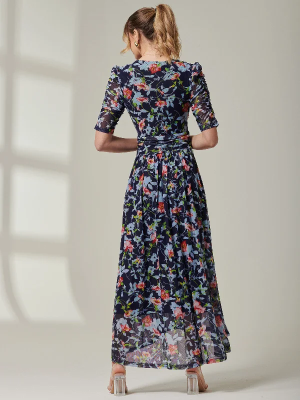 Gavina Ruched Sleeve Mesh Maxi Dress, Navy Floral