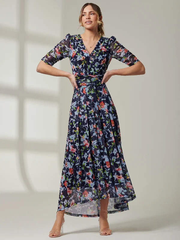 Gavina Ruched Sleeve Mesh Maxi Dress, Navy Floral