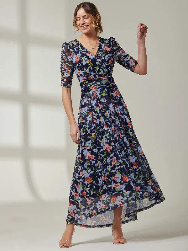 Gavina Ruched Sleeve Mesh Maxi Dress, Navy Floral