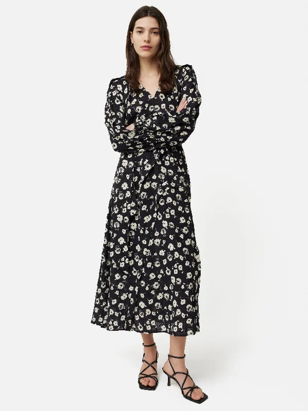 Cotton Floral Belted Dress | Black