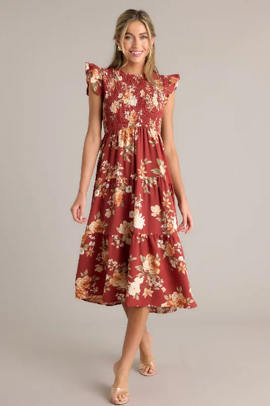 Desert Dawn Red Floral Midi Dress