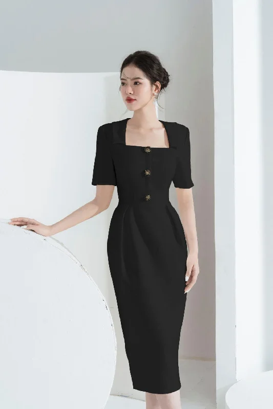 Elena Sheath Square Neck Polycotton Midi Dress