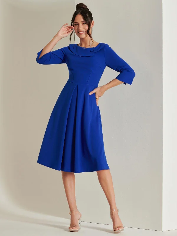 Fold Neckline Sleeved Midi Dress, Royal Blue