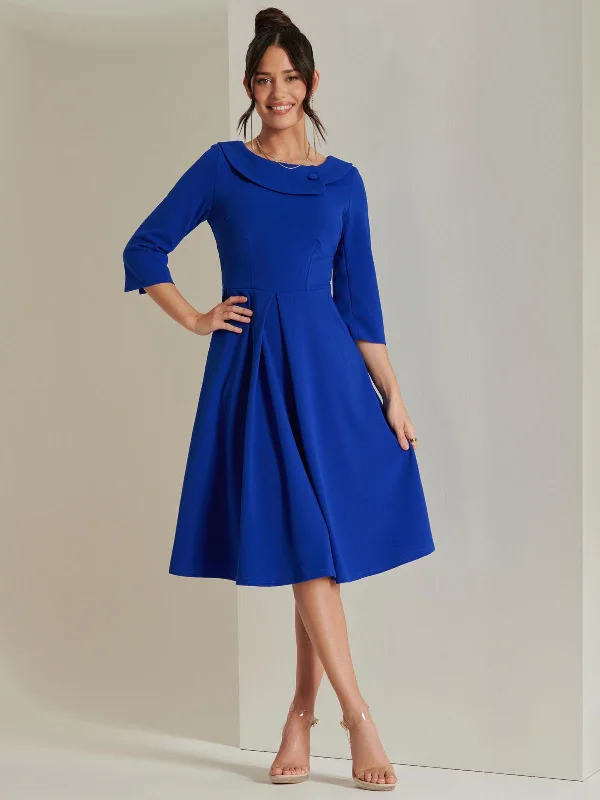 Fold Neckline Sleeved Midi Dress, Royal Blue