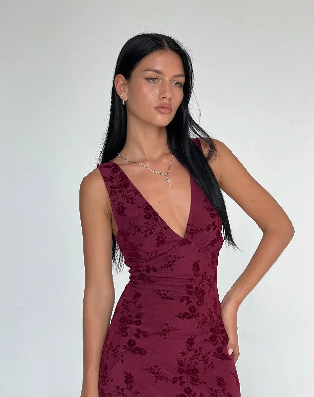 Gabriela Midi Dress in Botanical Flower Maroon