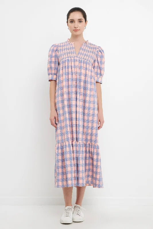 Gingham Textured Smocked Yoke Midi Dress