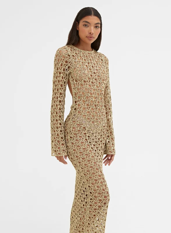 Gold Metallic Knit Open Back Maxi Dress – Loz