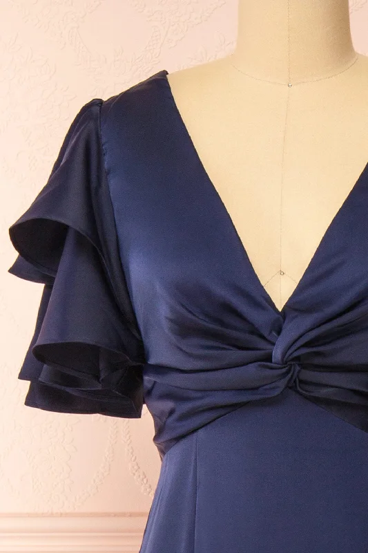 Kyana | V-Neck Navy Satin Maxi Dress