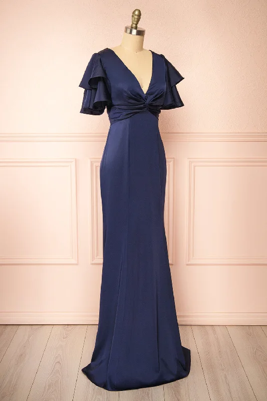 Kyana | V-Neck Navy Satin Maxi Dress