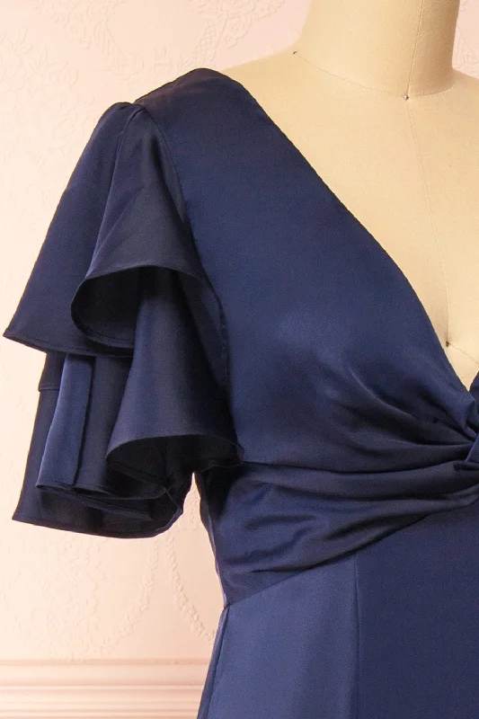 Kyana | V-Neck Navy Satin Maxi Dress