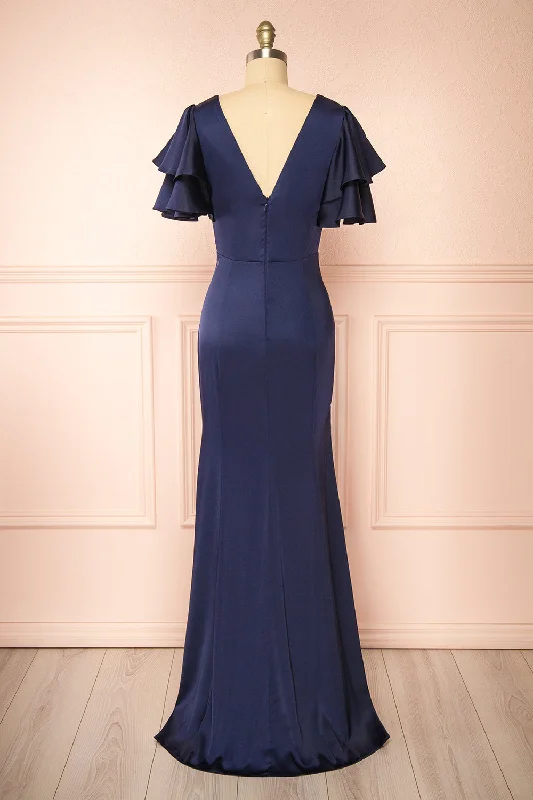 Kyana | V-Neck Navy Satin Maxi Dress