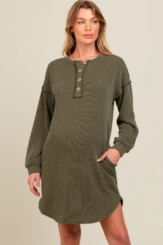 Olive Ribbed Button Accent Maternity Dress