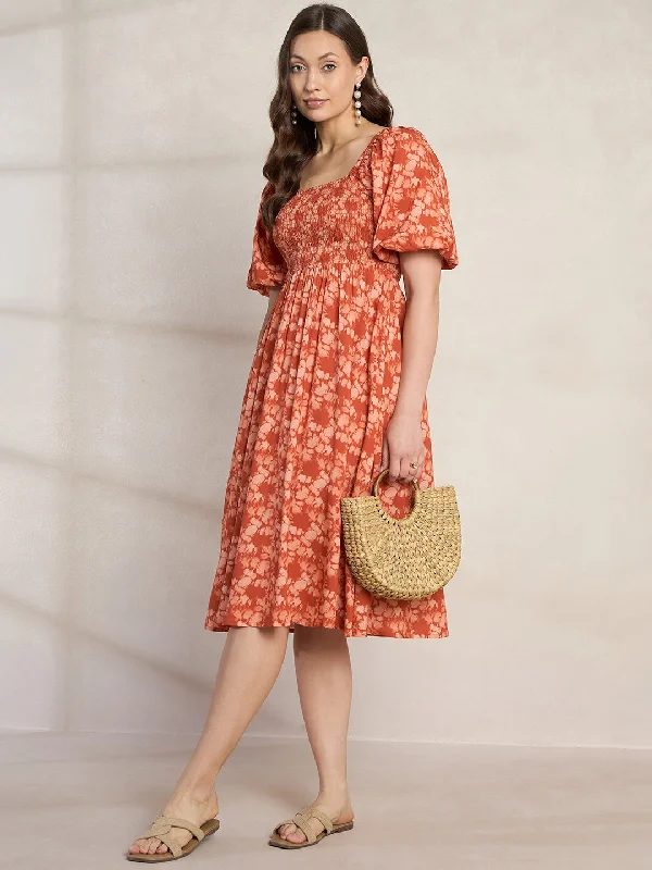 Orange Floral Smocked Midi Dress