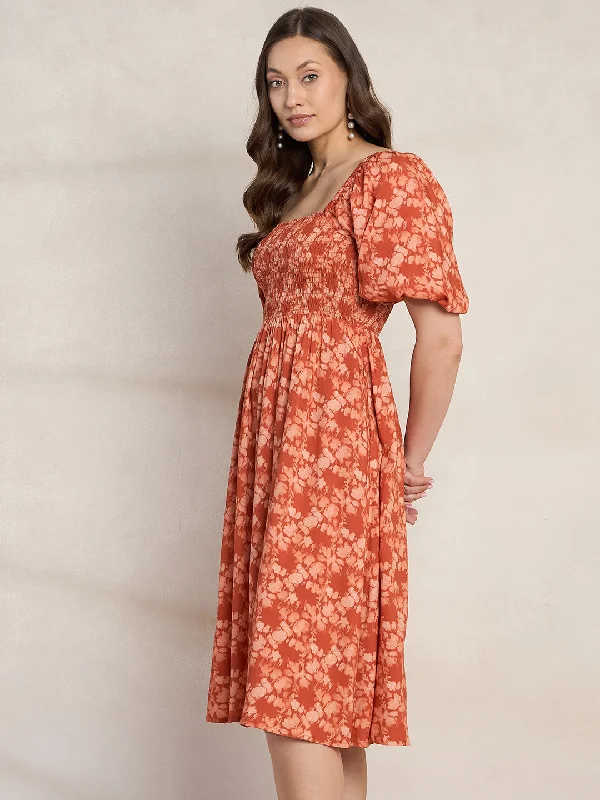 Orange Floral Smocked Midi Dress