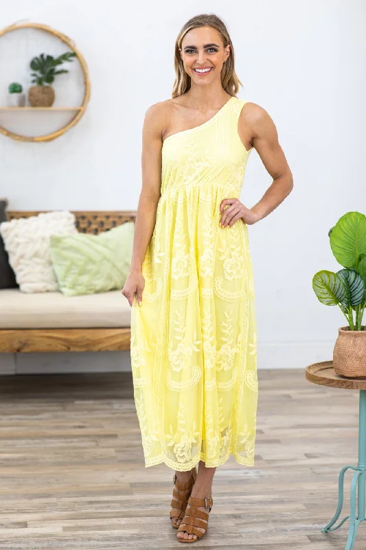 Pastel Yellow Eyelet One Shoulder Midi Dress