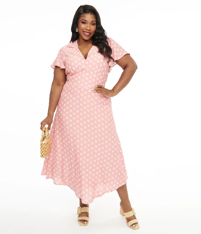 Plus Size 1930s Pink Daisy Salome Midi Dress