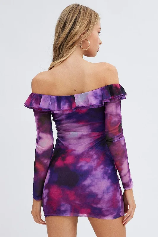 Purple Abstract Mini Dress Long Sleeve Off Shoulder Frill Mesh