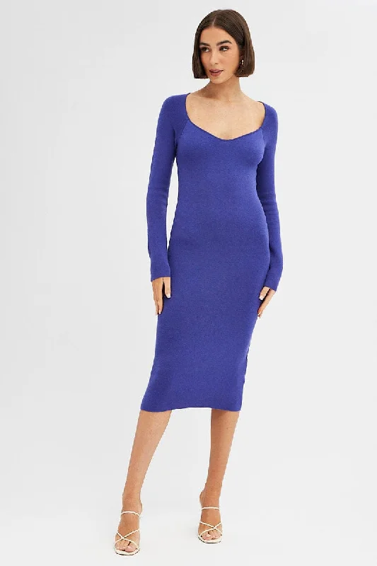 Purple Midi Dress Long Sleeve Sweetheart Neckline Knit