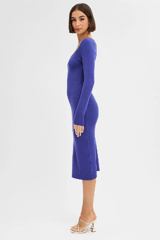 Purple Midi Dress Long Sleeve Sweetheart Neckline Knit