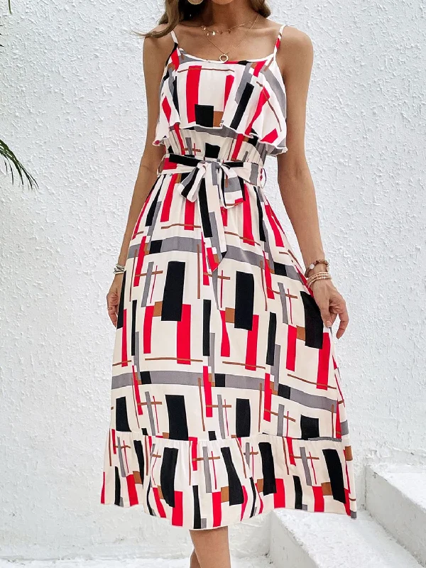 Ruffled Printed Tie Waist Midi Dress