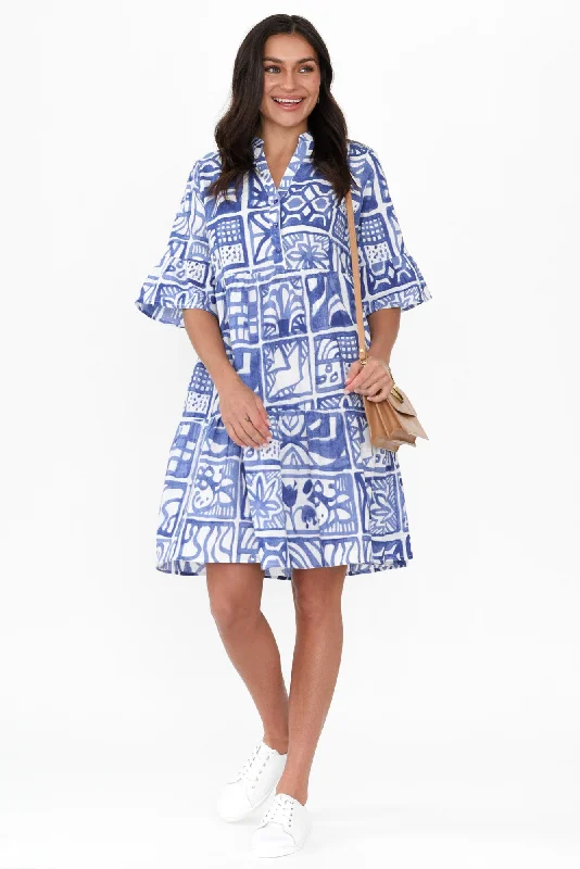 Senna Blue Mosaic Cotton Dress