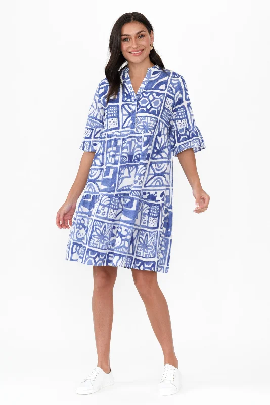 Senna Blue Mosaic Cotton Dress