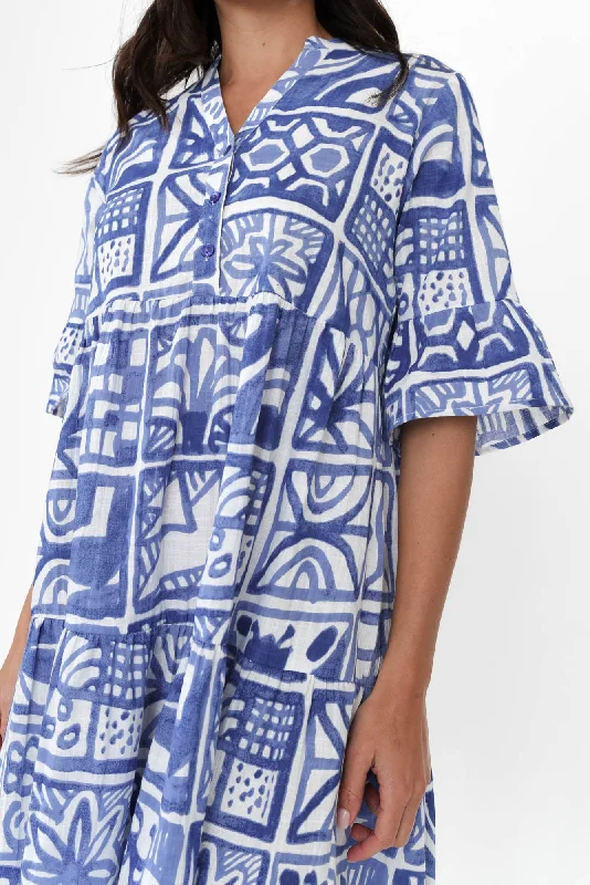 Senna Blue Mosaic Cotton Dress