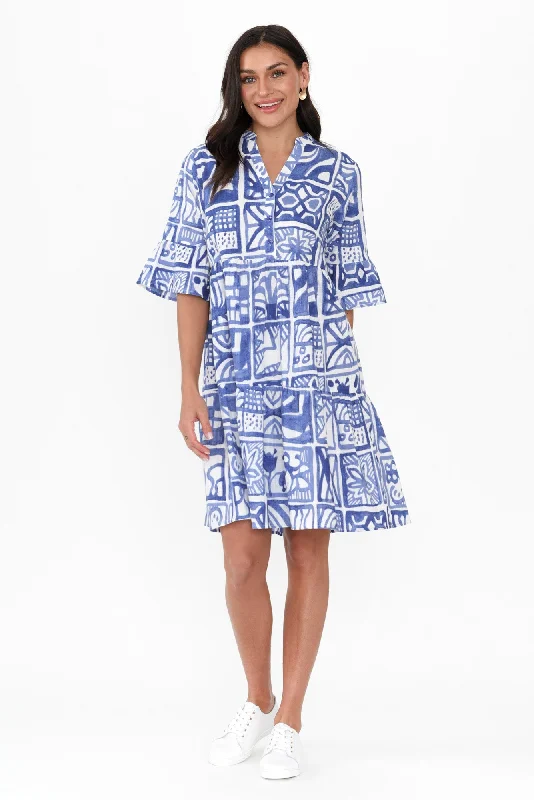 Senna Blue Mosaic Cotton Dress