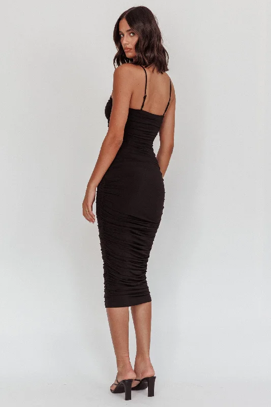 Take A Glance Sheer Waist Midi Dress Black