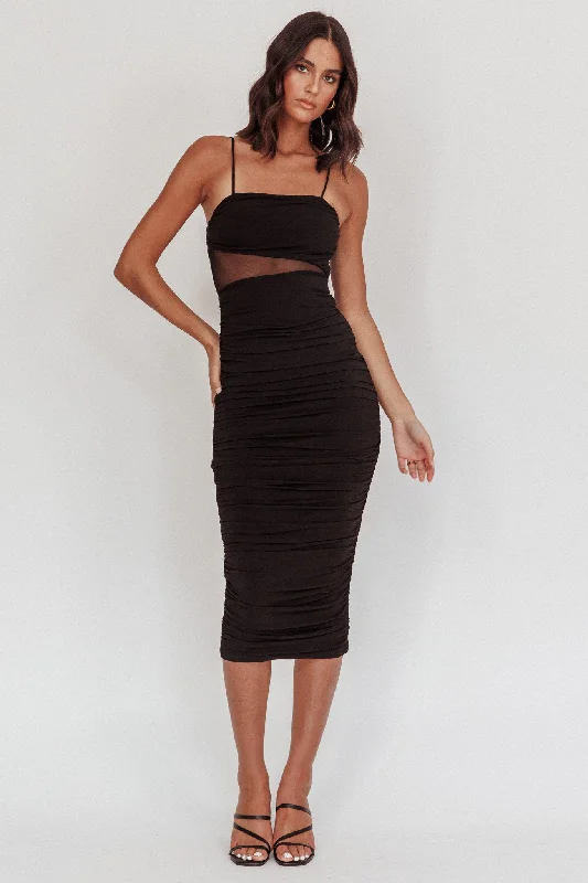 Take A Glance Sheer Waist Midi Dress Black