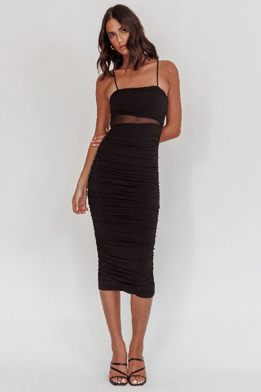 Take A Glance Sheer Waist Midi Dress Black