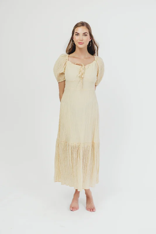 Jessie Textured Woven Midi Dress with Tie Front in Natural