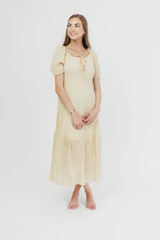 Jessie Textured Woven Midi Dress with Tie Front in Natural