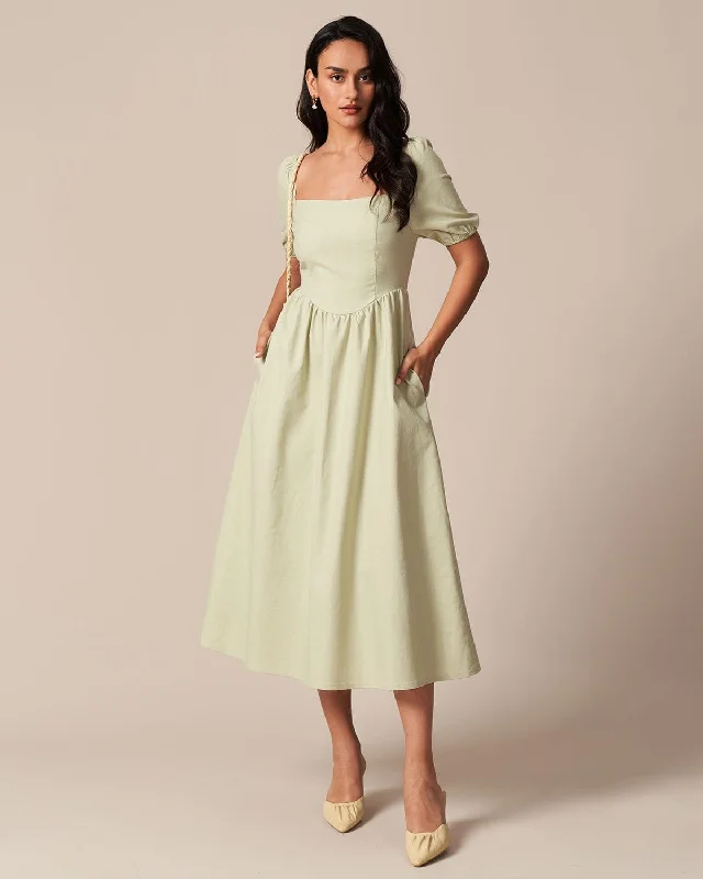 The Light Green Square Neck Shirred Midi Dress