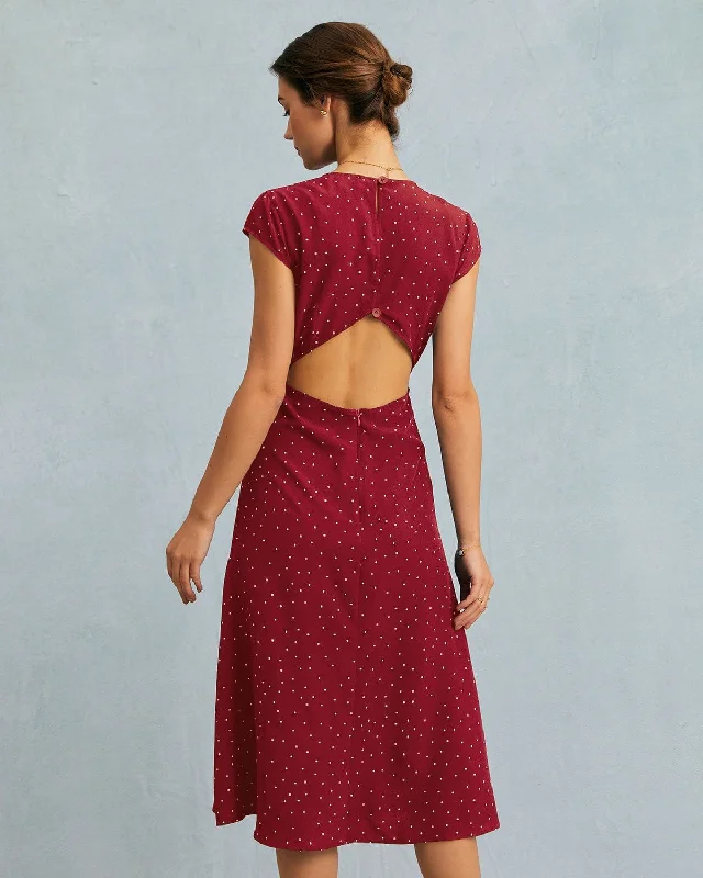 The Red Round Neck Polka Dot Cutout Midi Dress