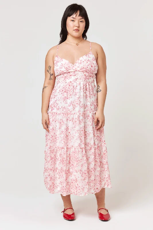 White Pink Floral Surplice Tiered Midi Dress