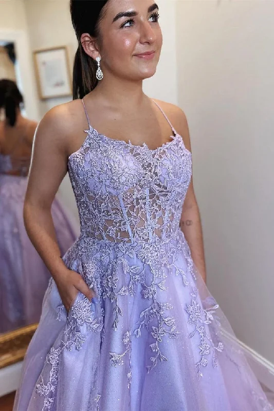 A-Line Lavender Tulle Applique Lace Up Back  Prom Evening Dress PSK429