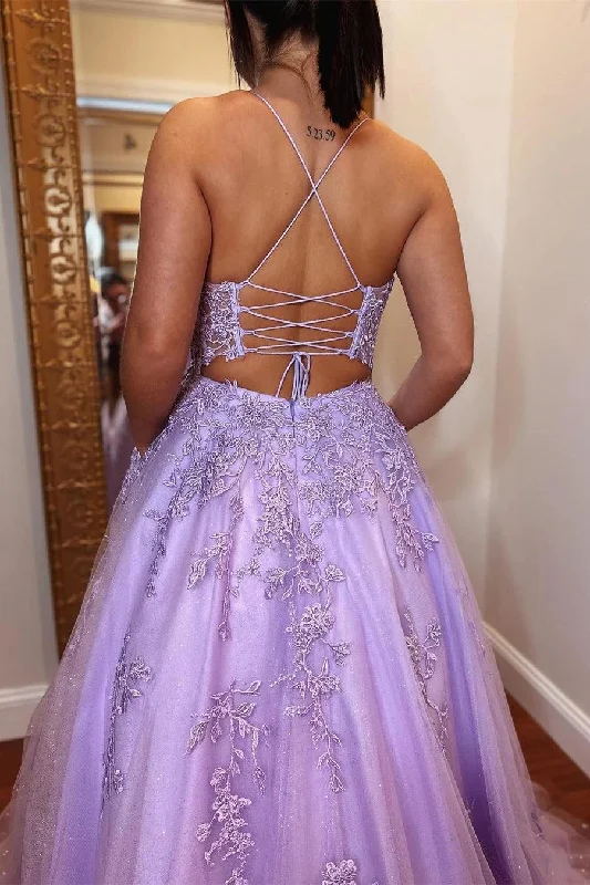 A-Line Lavender Tulle Applique Lace Up Back  Prom Evening Dress PSK429