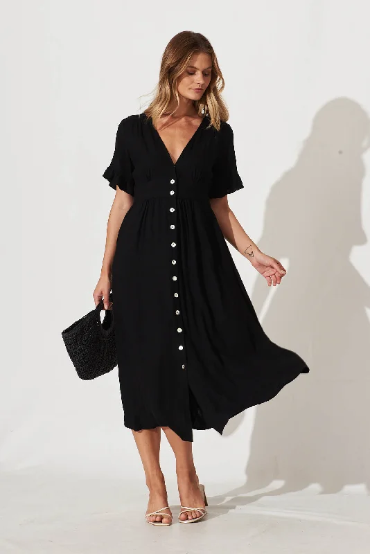 Aire Midi Dress In Black Linen