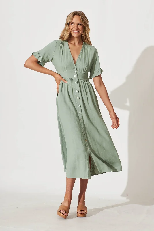 Aire Midi Dress In Sage Green Linen