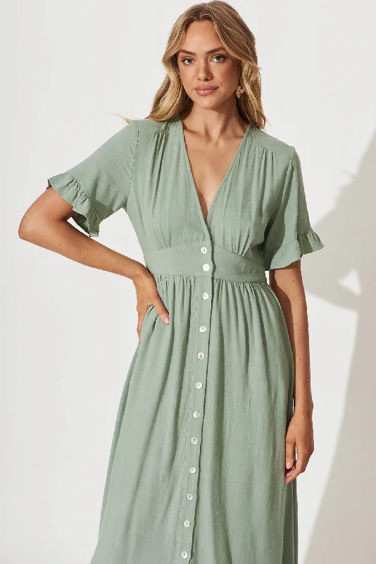 Aire Midi Dress In Sage Green Linen