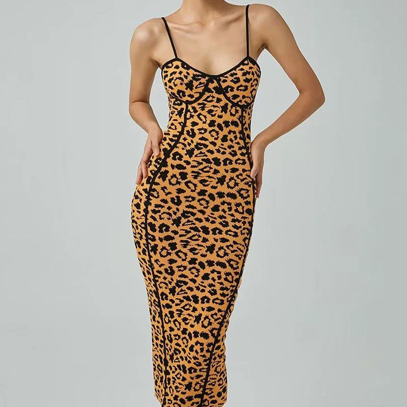 BerryBetty - Alluring Sleeveless Bodycon Leopard Sweater Midi Dress - Leopard