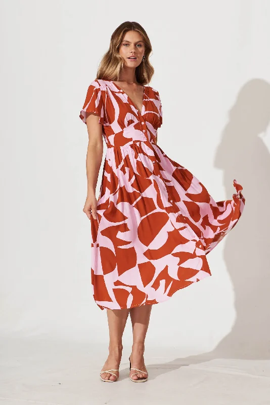 Anthea Midi Dress In Rust And Pink Geometric Print