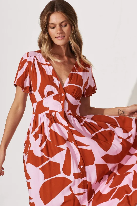 Anthea Midi Dress In Rust And Pink Geometric Print